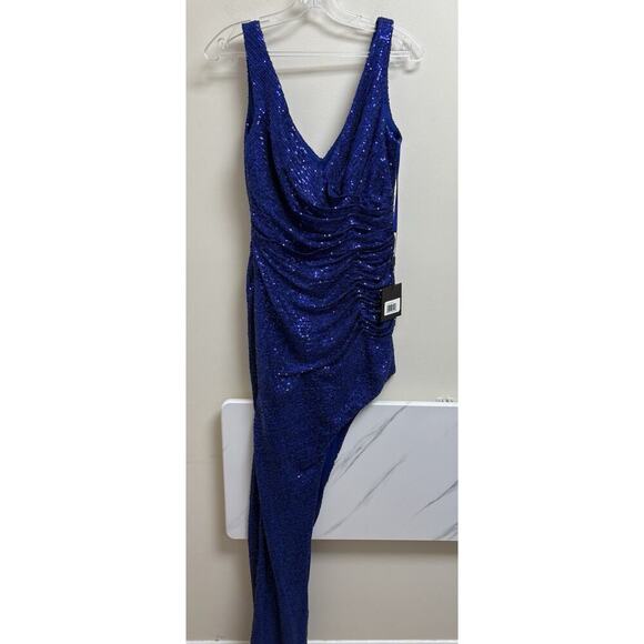 Ieena for Mac Duggal A11275 Blue Sequin Gown Size 8 NWT Asymmetrical Slit - Picture 3 of 7